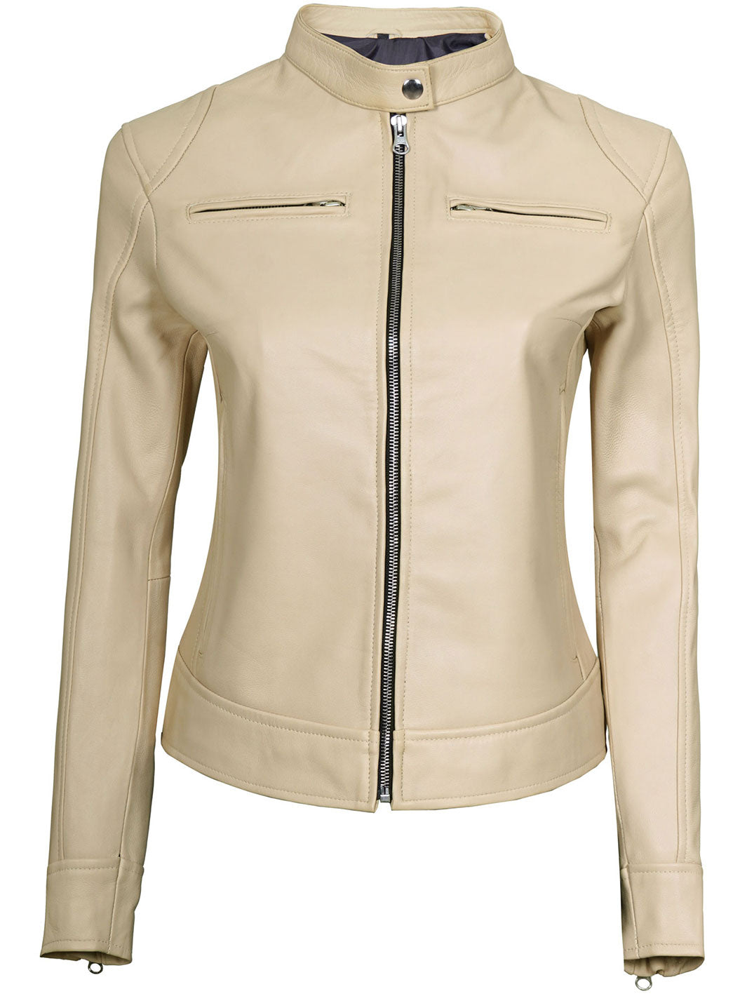 Dodge Women's Beige Leather Cafe Racer Motorcycle Jacket decrumnew