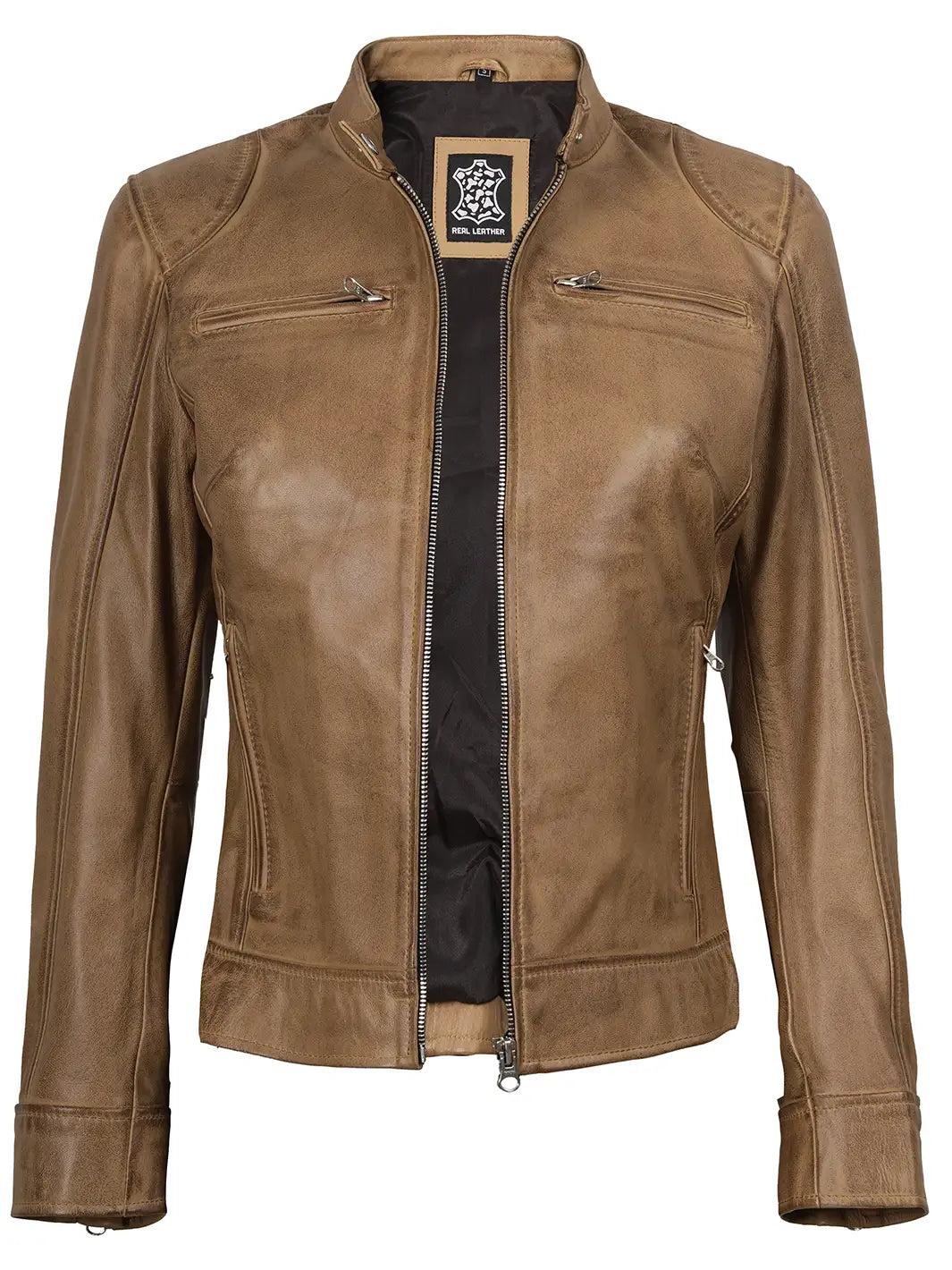 Dodge Camel Brown Cafe Racer Leather Jacket for Women