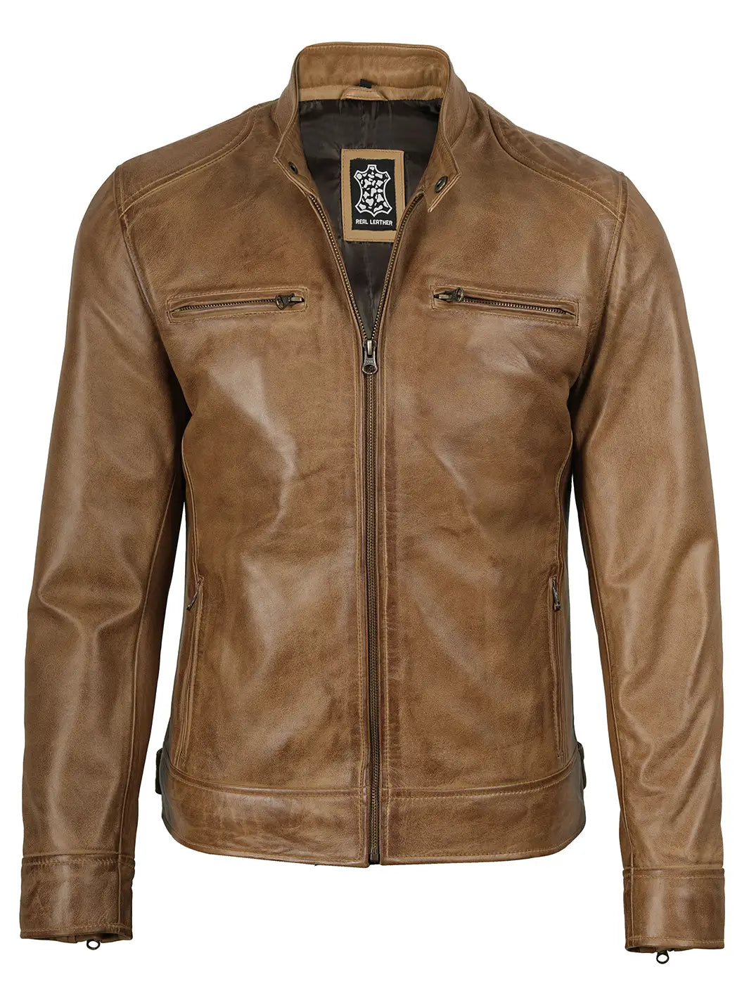 Dodge Camel Brown Leather Cafe Racer Jacket For Men