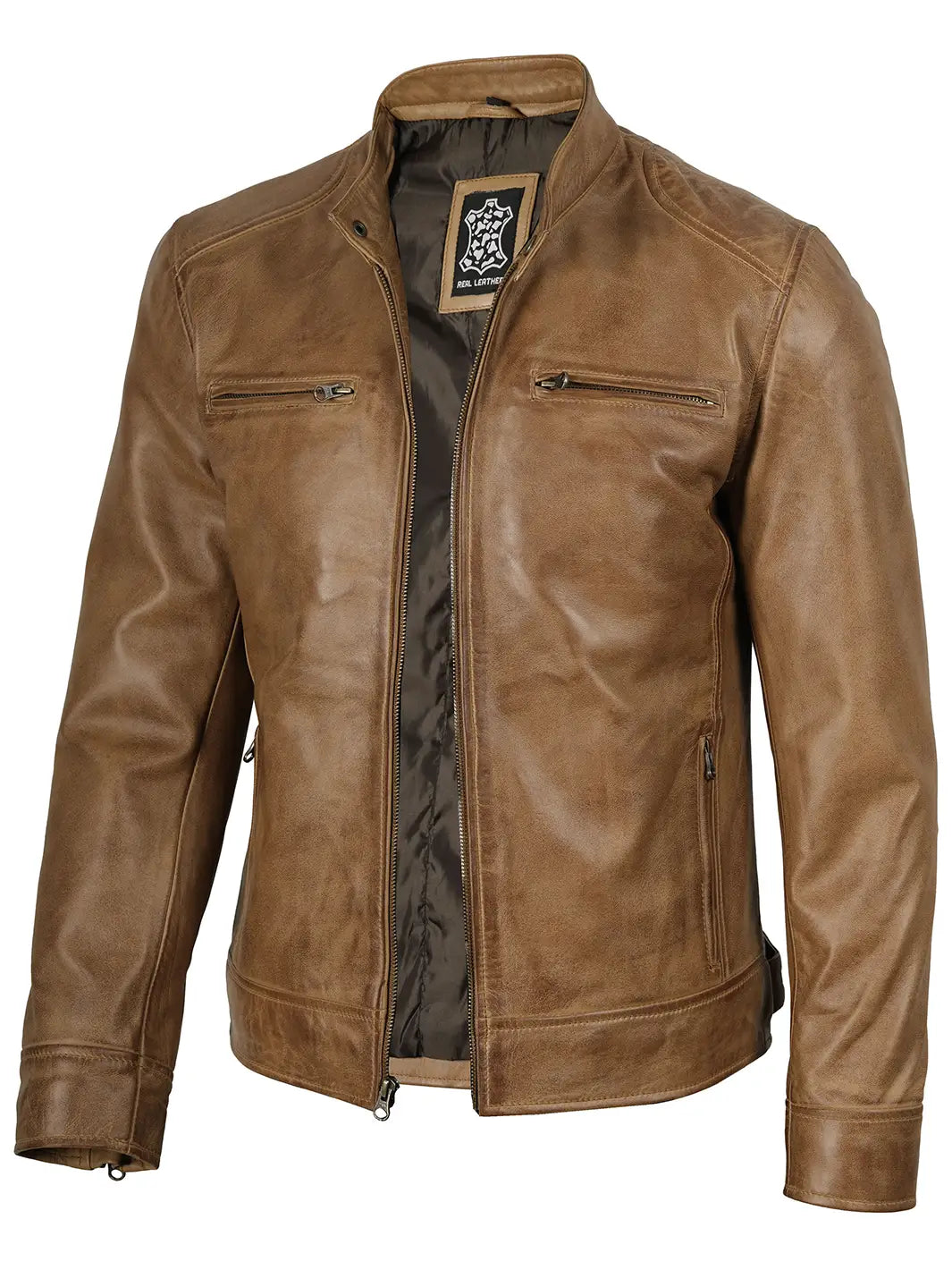 Dodge Men's Camel Brown Leather Cafe Racer Jacket