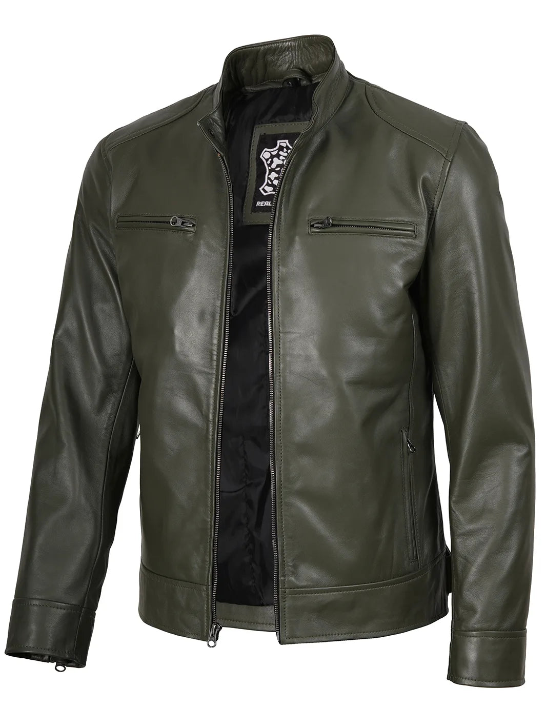 Dodge Mens Green Cafe Racer Real Leather Jacket