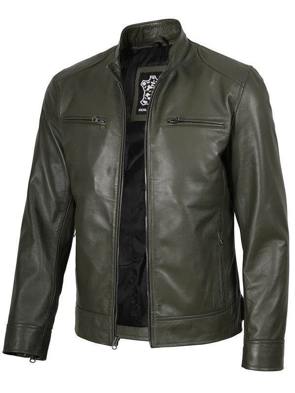 Dodge Mens Green Cafe Racer Real Leather Jacket