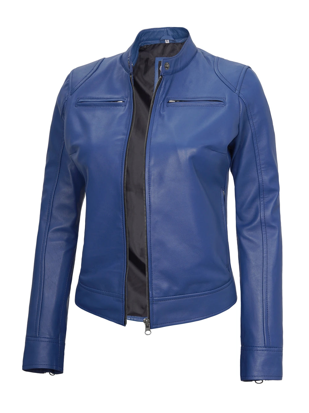 Dodge Women's Blue Leather Cafe Racer Jacket