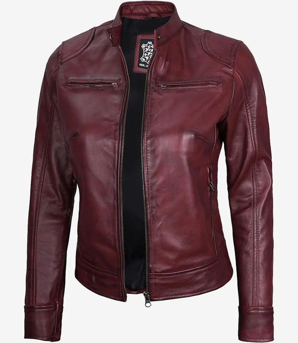 Dodge Womens Burgundy Cafe Racer Leather Jacket