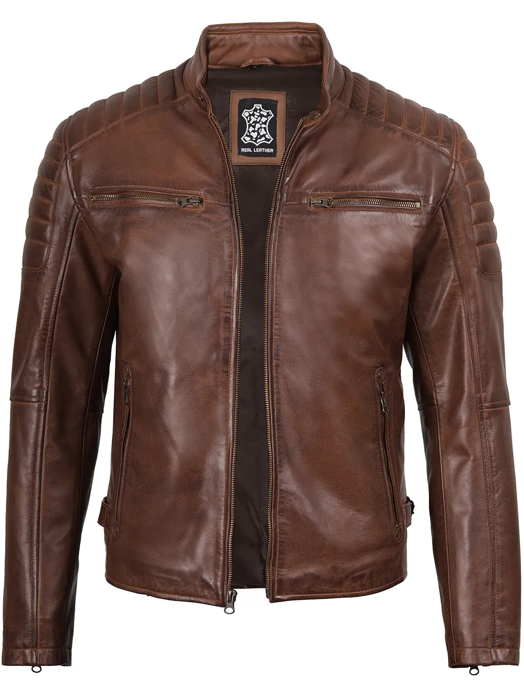 Felix Mens Cognac Brown Cafe Racer Leather Jacket
