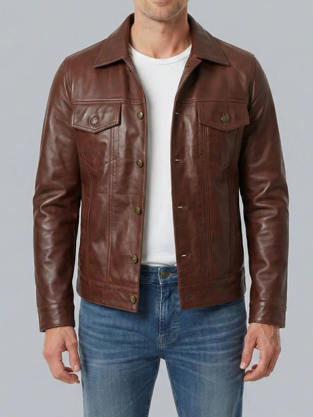 A LEATHER TRUCKER JACKET ターコイズ Mサイズ 牛革 Fernando Men's Cognac Wax Leather Trucker Jacket – Decrum