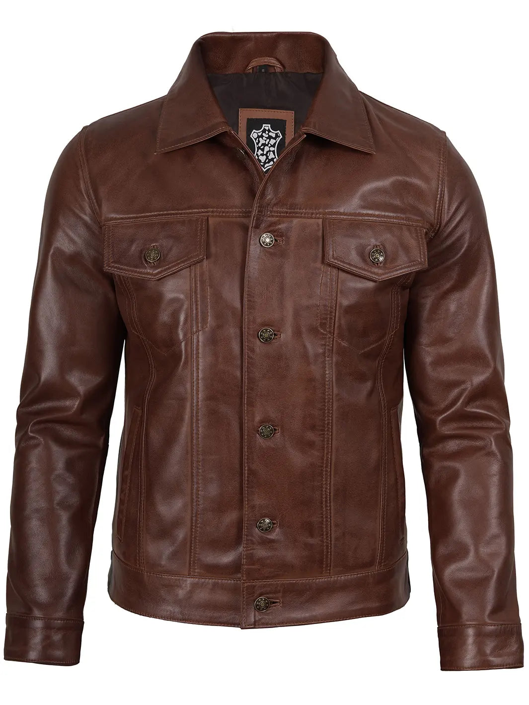 Fernando Cognac Wax Harrington Leather Trucker Jacket For Mens 