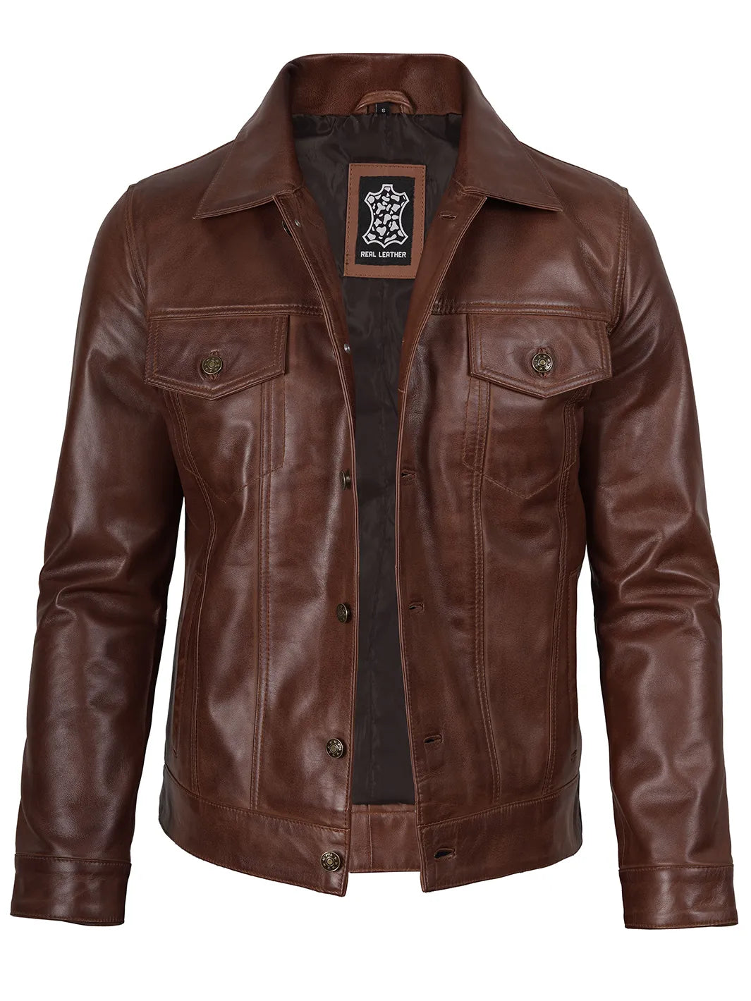 Fernando Cognac Wax Harrington Leather Trucker Jacket Mens