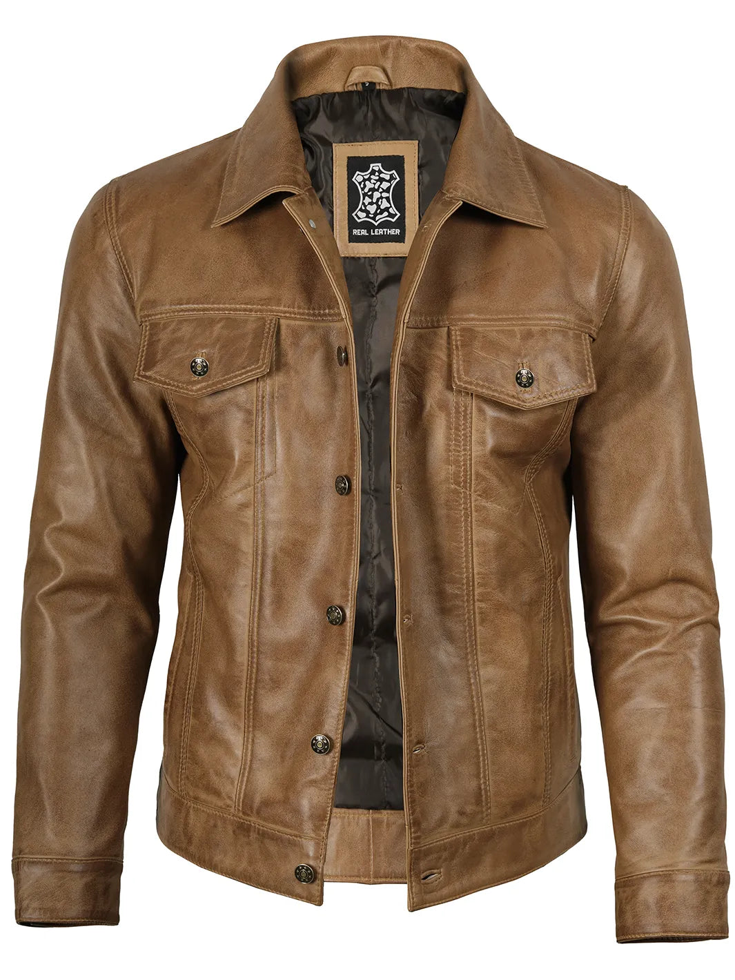 Fernando Mens Camel Brown Trucker Leather Jacket