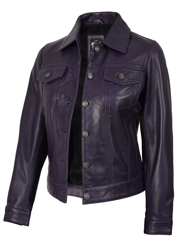 Fernando Women Purple Wax Leather Trucker Jacket