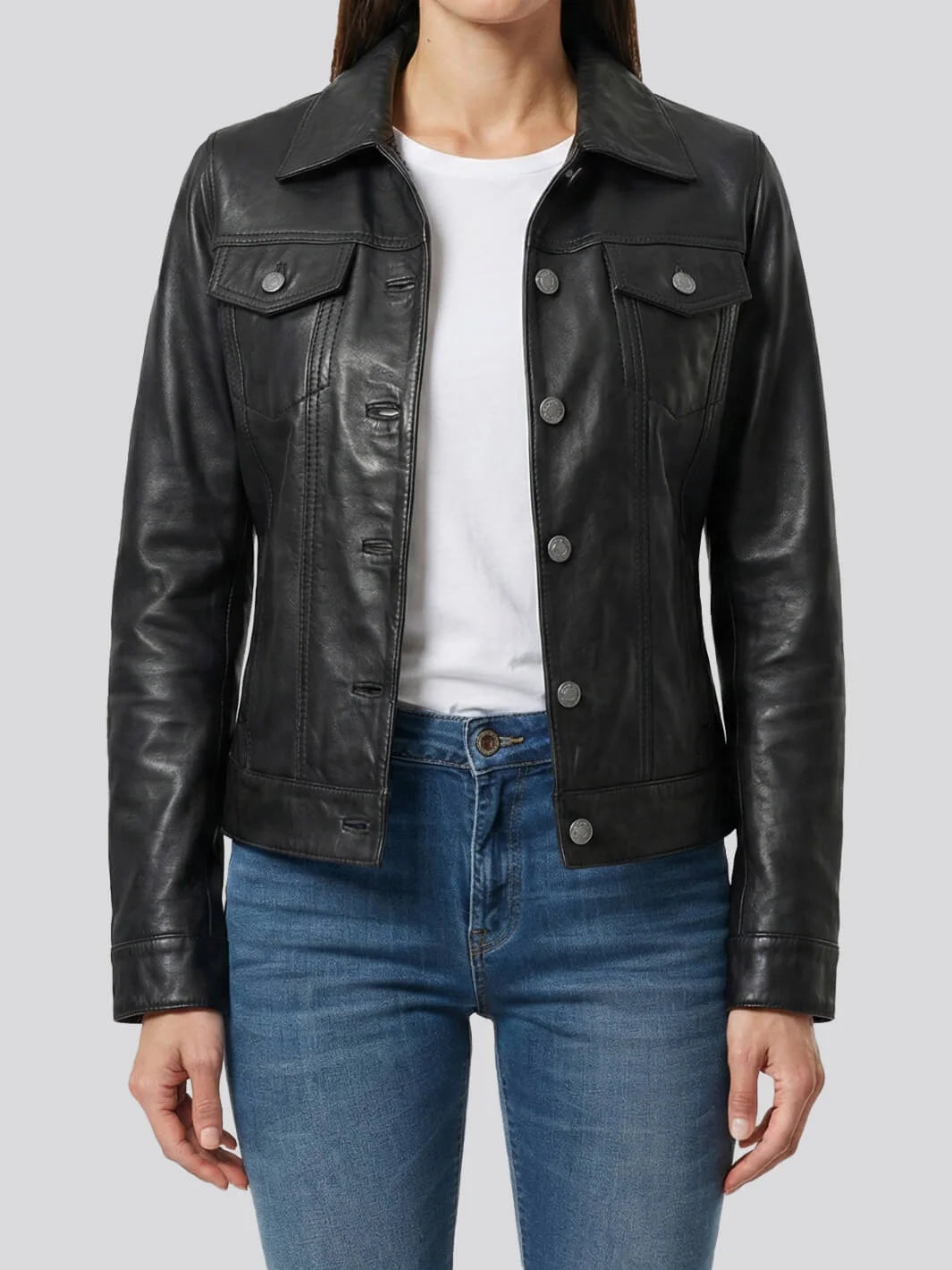 Fernando Women's Black Leather Trucker Jacket