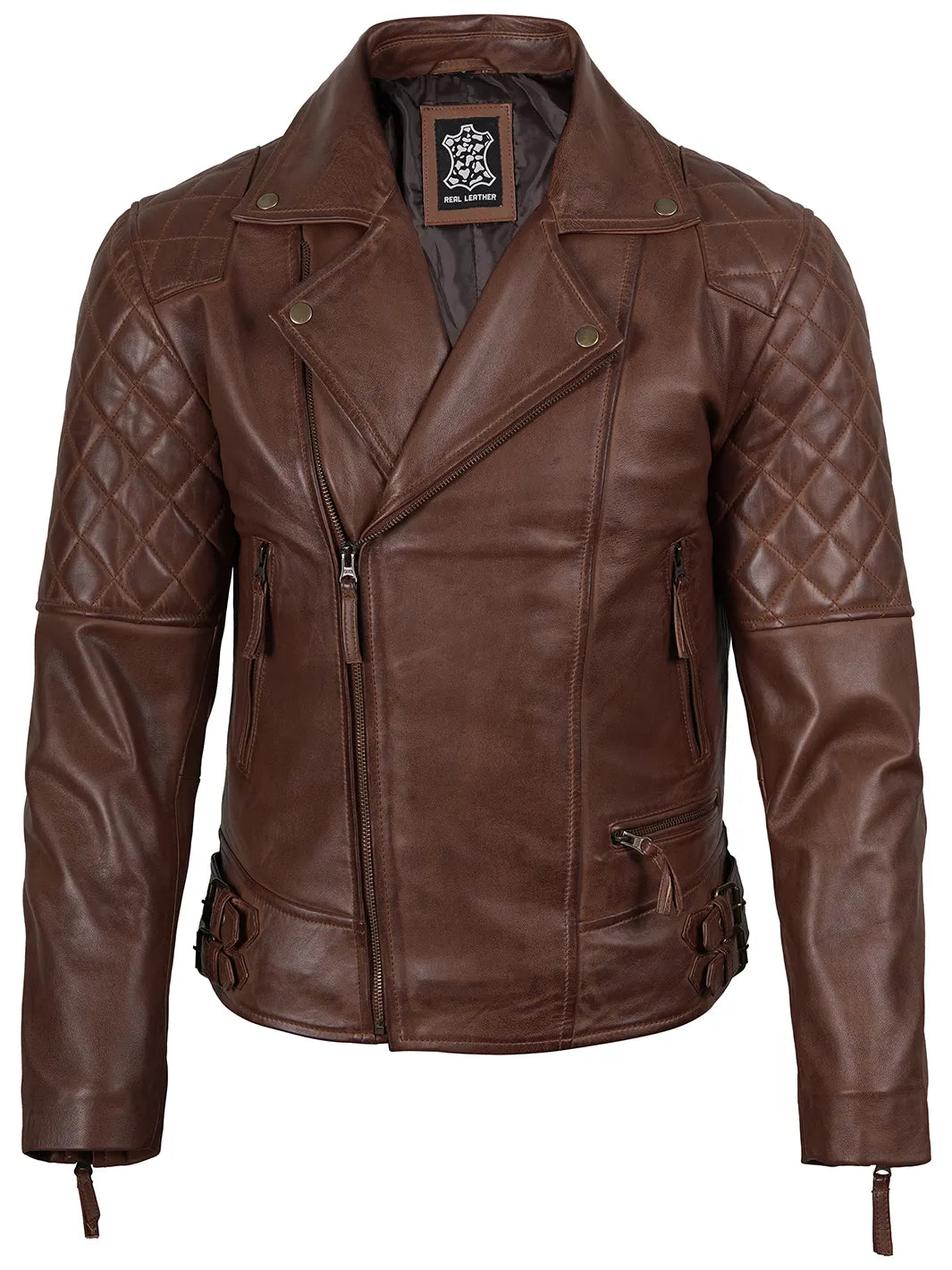 Frisco Mens Dark Brown Quilted Asymmetrical Leather Biker Jacket