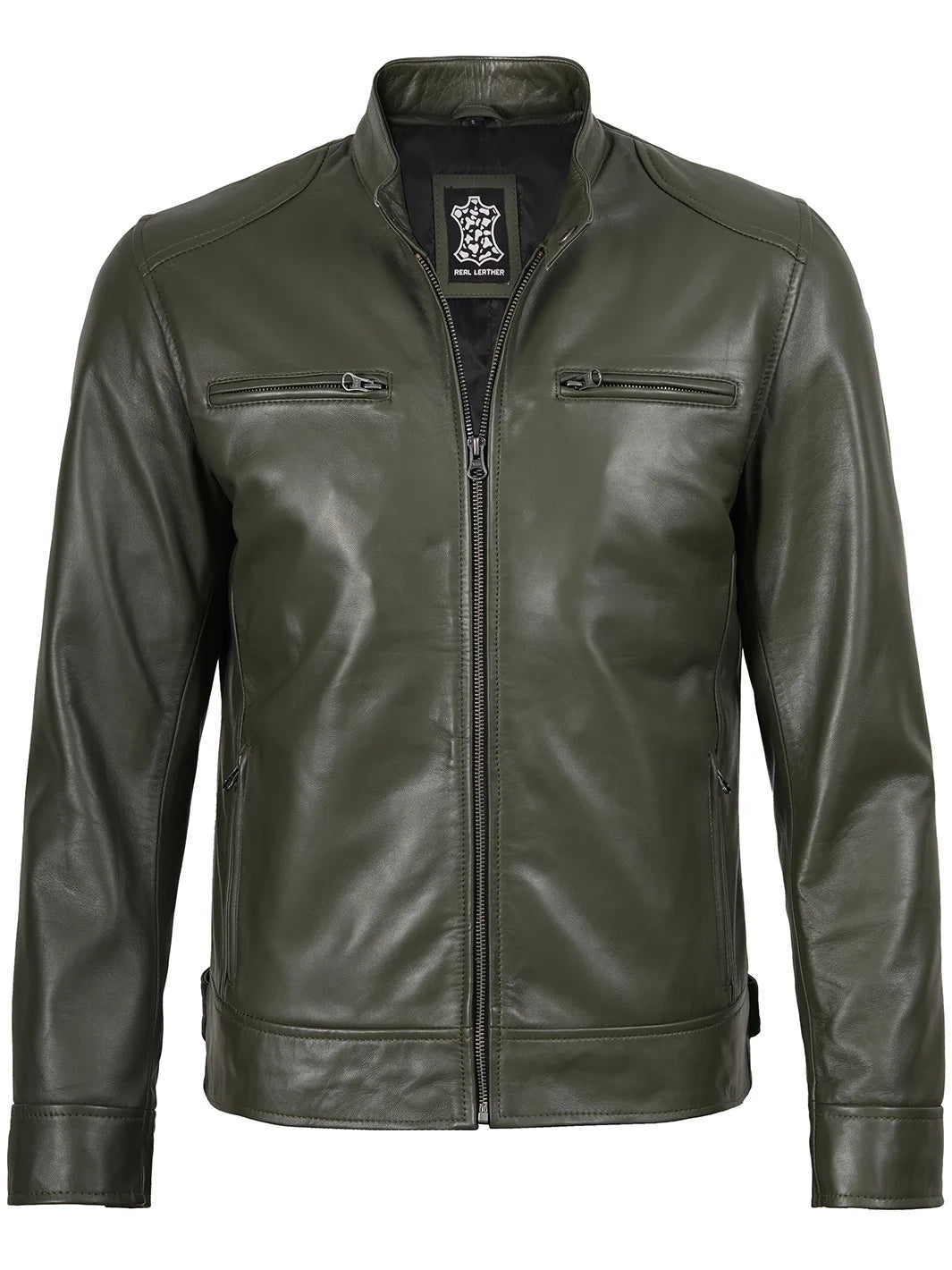 Green Cafe Racer Real Leather Jacket Mens