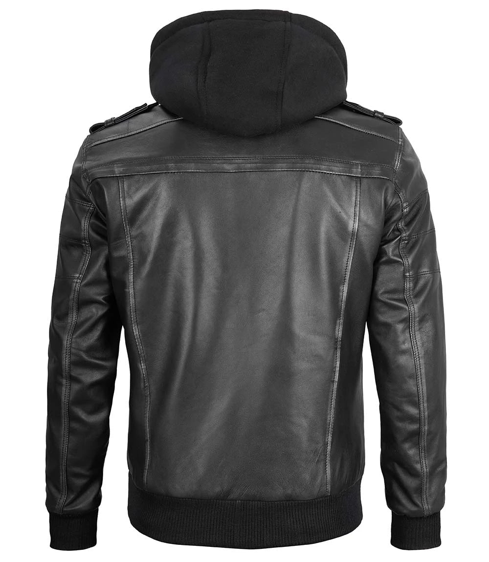 Grey Men Leather Jacket with Removable Hood