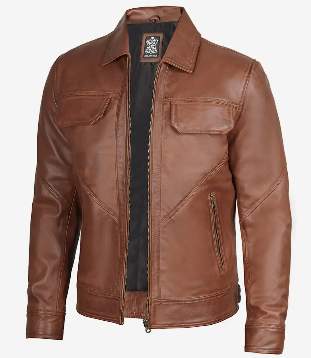 Decrum Men's Cognac Brown Lambskin Leather Jacket Shirt Collar
