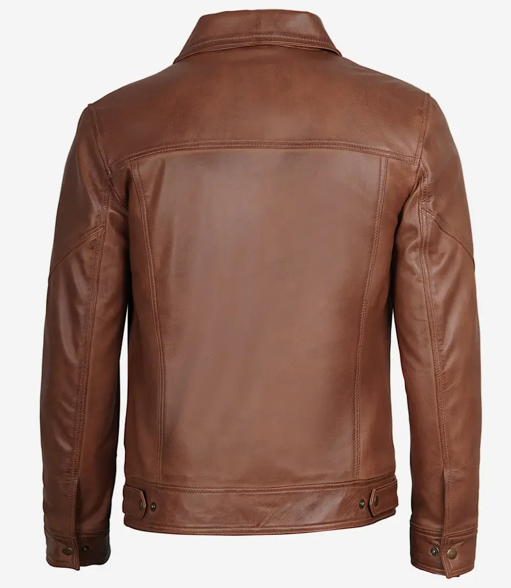 Decrum Men's Cognac Brown Lambskin Leather Jacket Shirt Collar