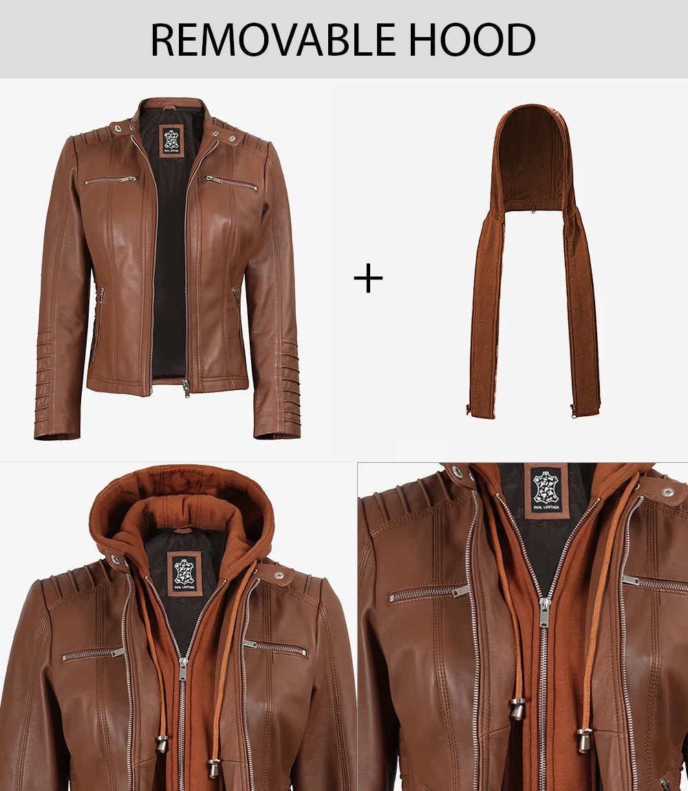 Hawera Womens Hooded Leather Jacket Features