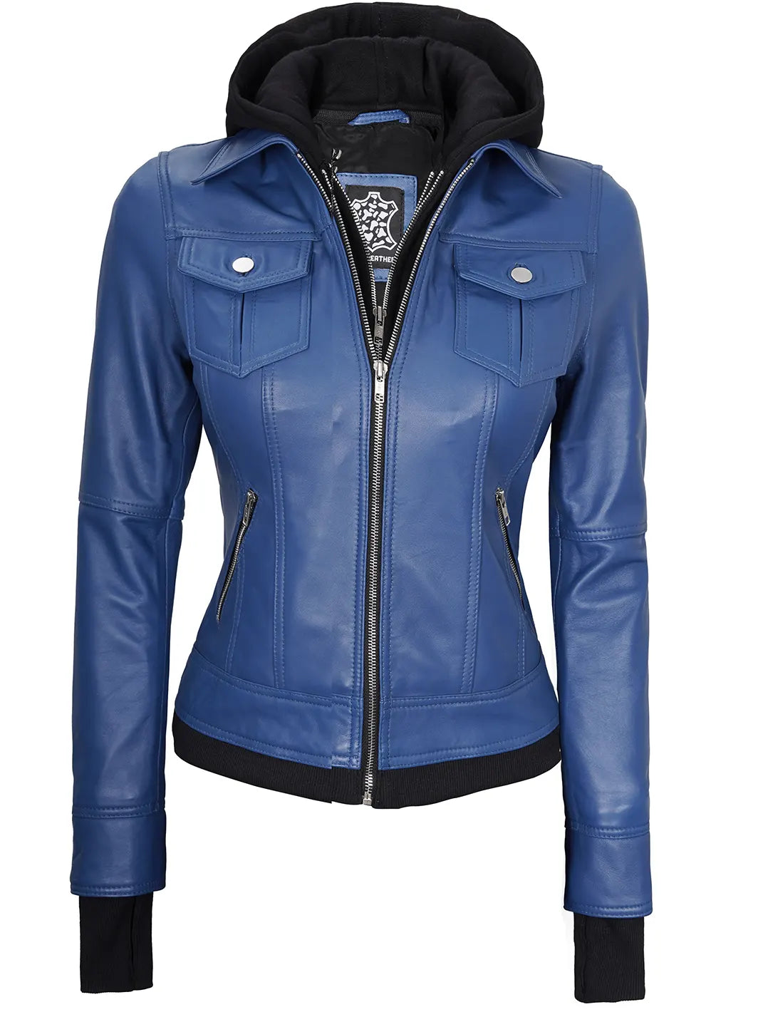 Betty Blue Leather Bomber Jacket With Removable Hood Decrum