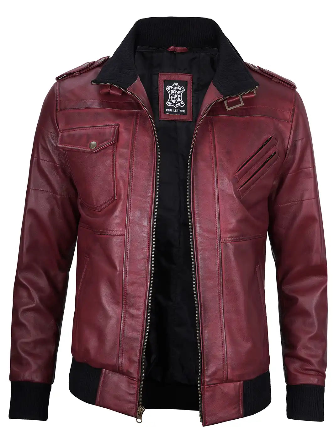 Hooded maroon leather jacket