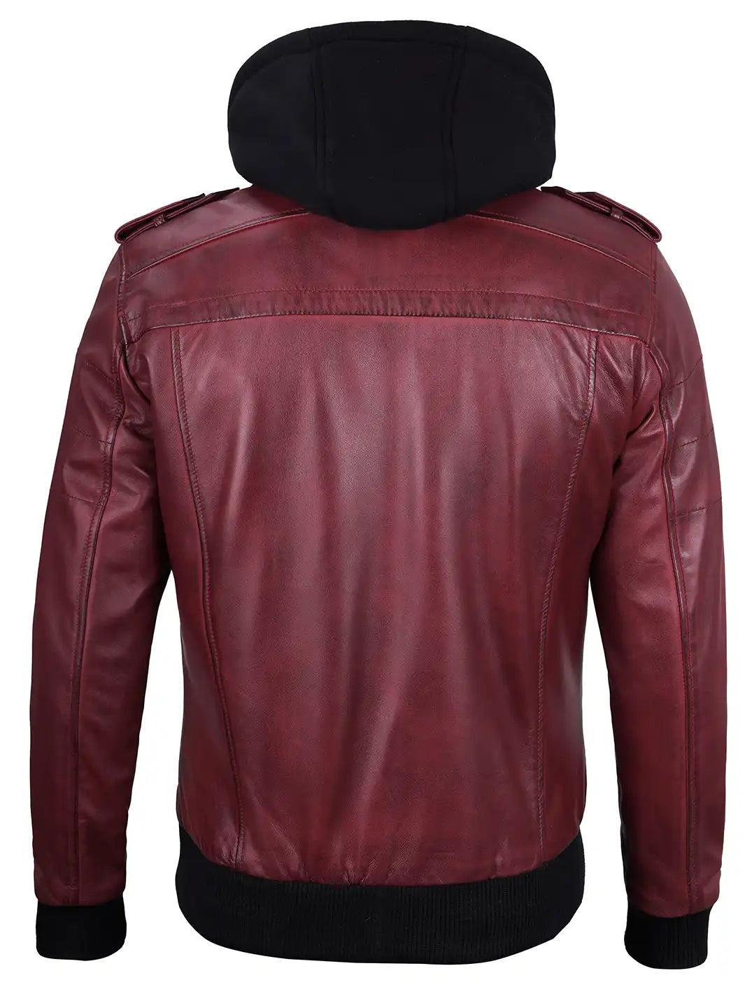 Hooded maroon leather acket