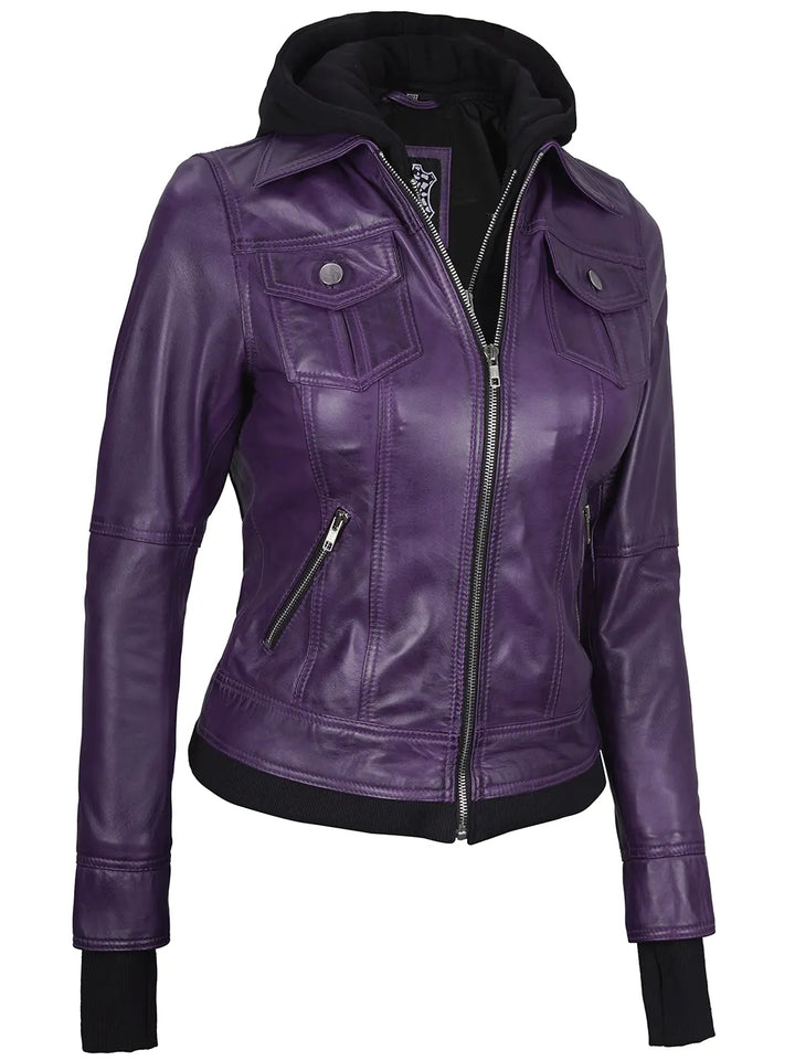 Hooded purple leather jacket