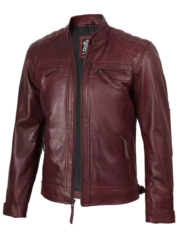 Tall Men's Real Leather Burgundy Biker Style Jacket