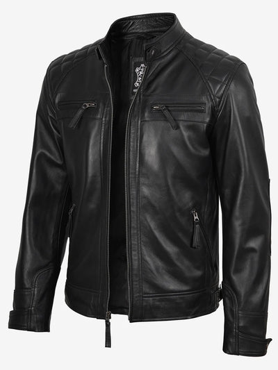 Johnson Men’s Black Quilted Motorcycle Leather Jacket 
