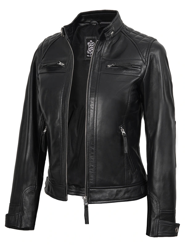 Johnson Women Black Quilted Biker Style Leather Jacket