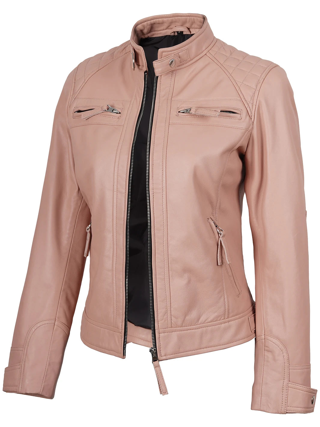 Johnson Women Pink Quilted Cafe Racer Leather Jacket