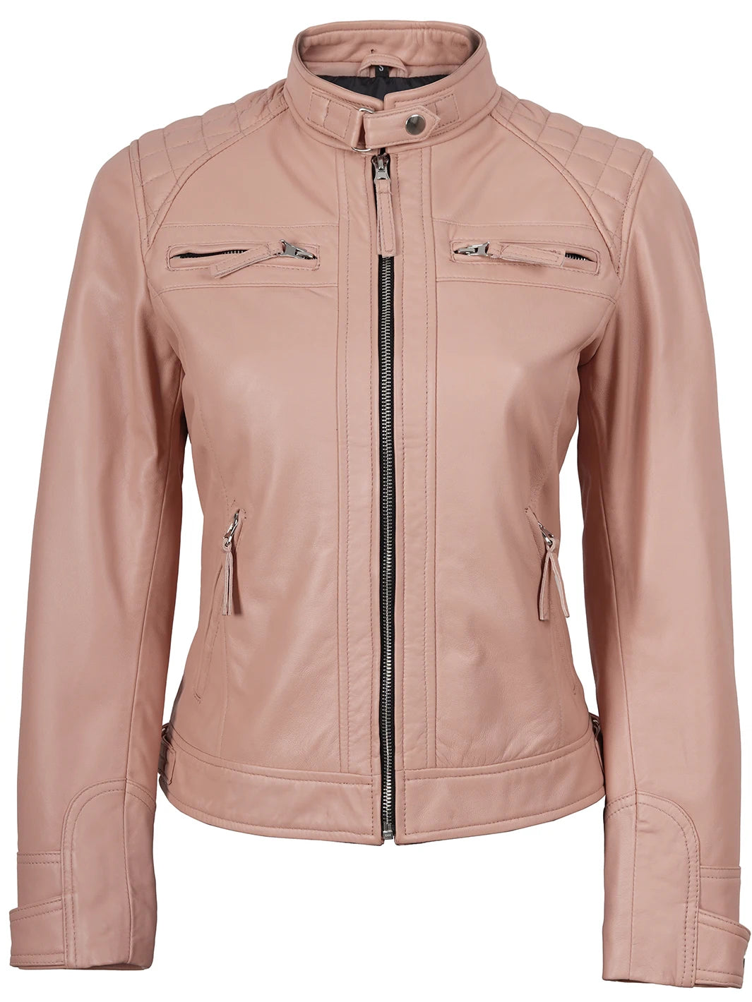 Johnson Womens Diamond Pink Cafe Racer Leather Jacket