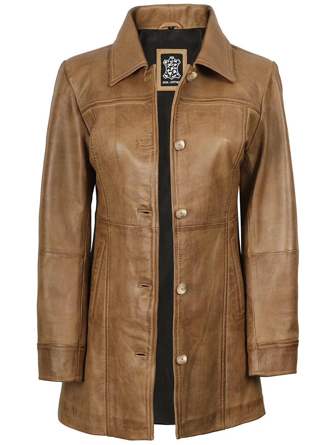 Kandis Camel Brown Real Leather Car Coat for Womens 