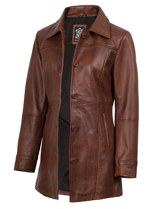 Kandis Women's Cognac Brown Leather Car Coat