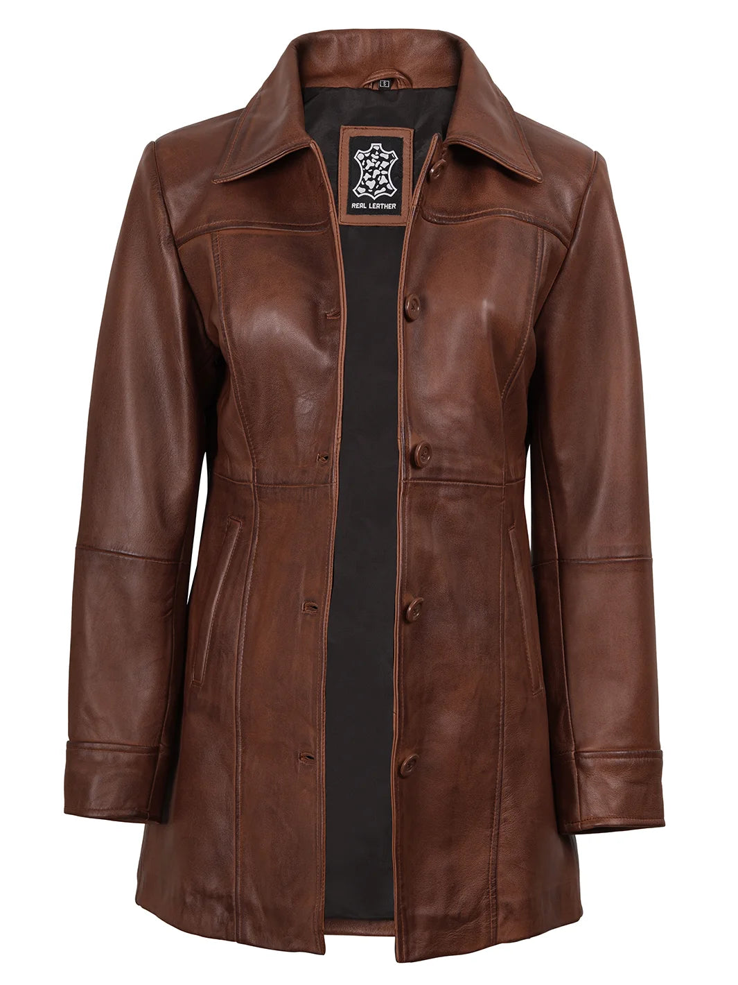 Kandis Womens Cognac Brown Leather Car Coat