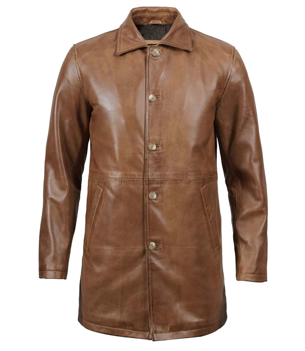 Winchester Mens Real Leather Camel Brown 3/4 Car Coat