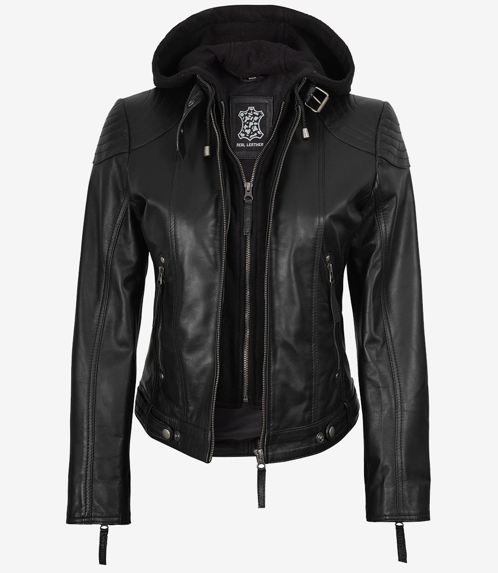 Ladies Black Hooded Leather Jacket