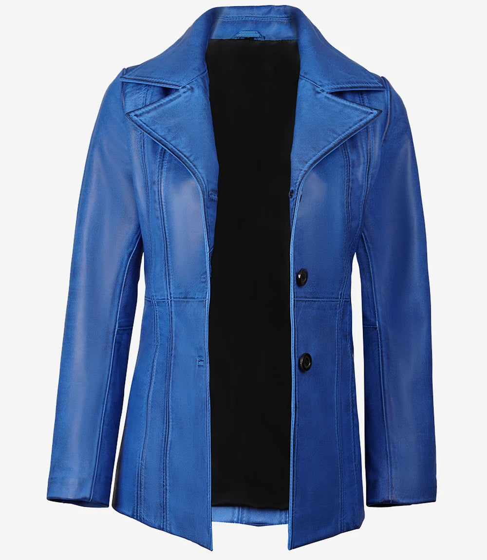 Leather Blue 3/4 Length Car Coat Womens