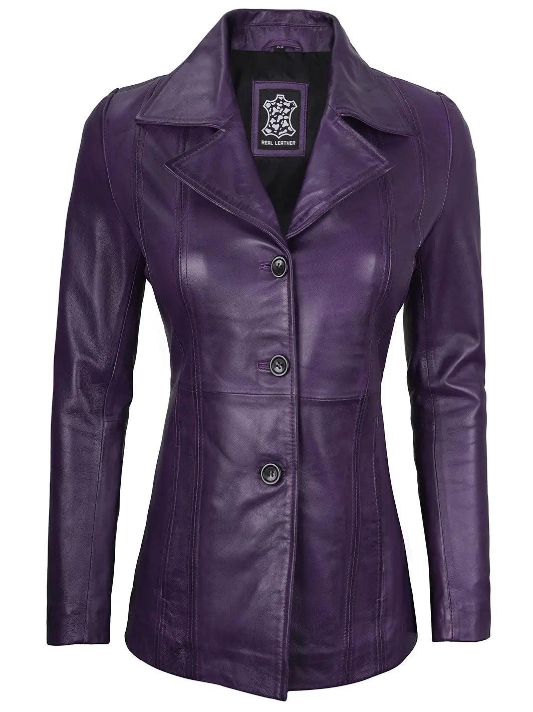 Classic Women Three Button Purple Leather Blazer Decrum