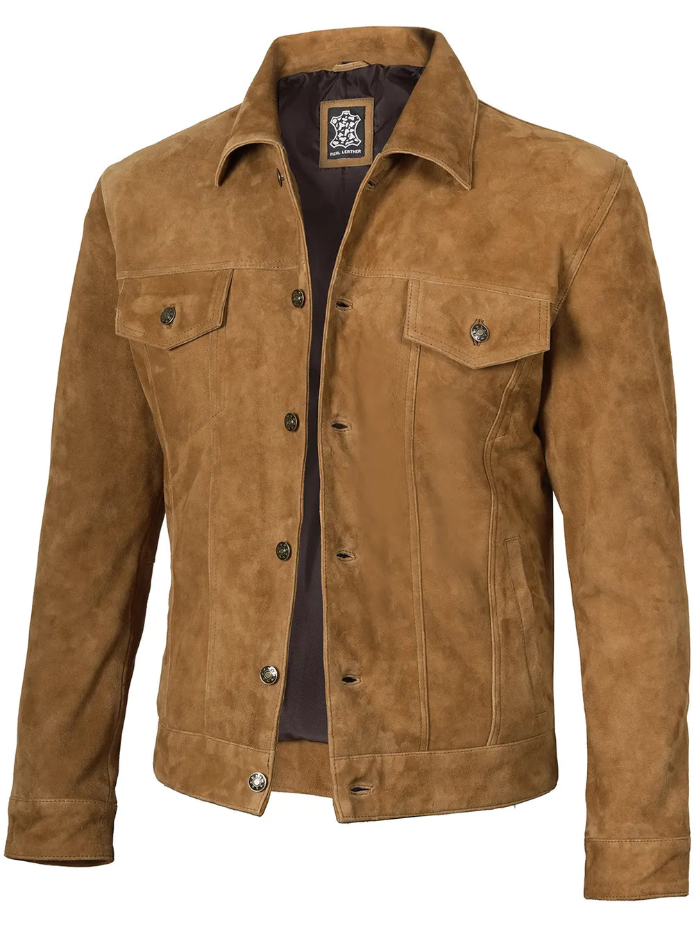 Mens Brown Trucker Suede Jacket – Rugged Look – Decrum
