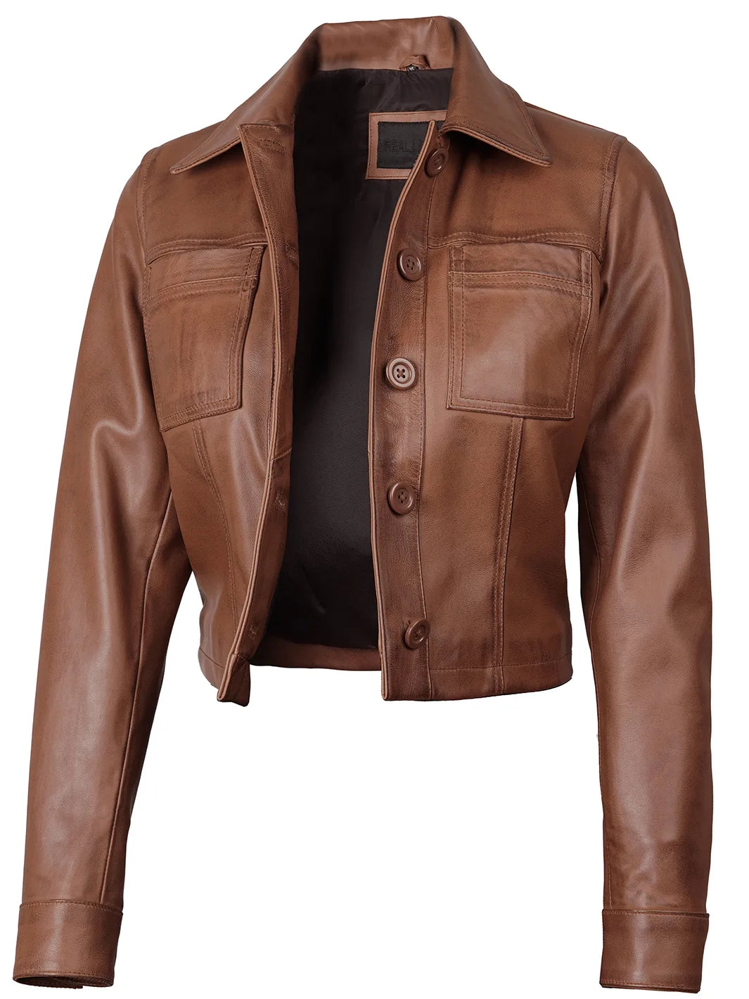 Mable Womens Cognac Brown Cropped Shirt Collar Leather Jacket