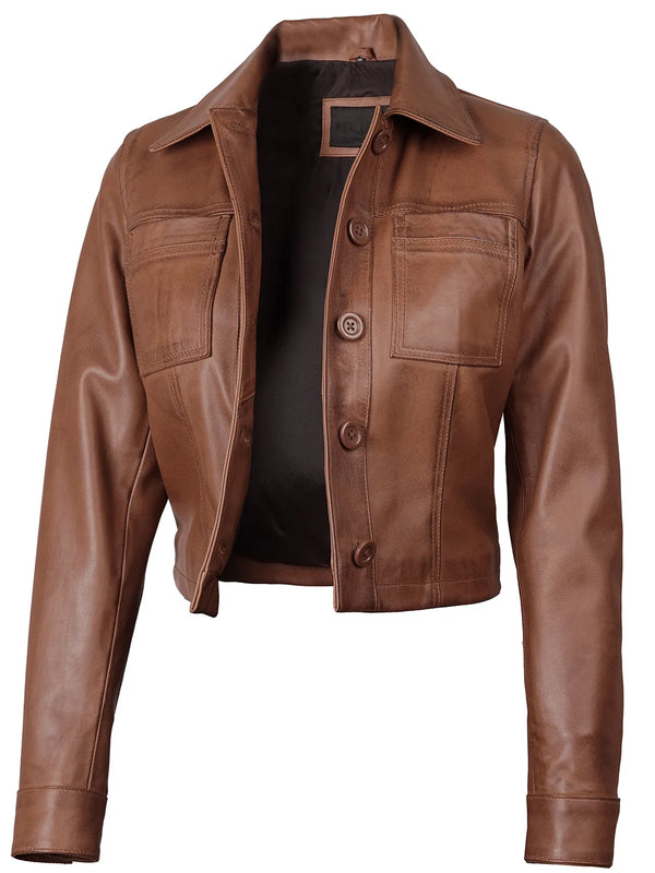 Mable Womens Cognac Brown Cropped Shirt Collar Leather Jacket