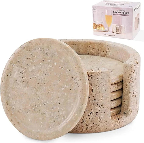 Travertine Marble Coasters Set of 6 with Holder