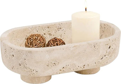 Travertine Marble Oval Bowl with Stand 10 Inch