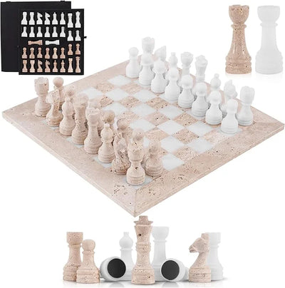 Travertine Marble Chess Set 15 Inch with Storage Box