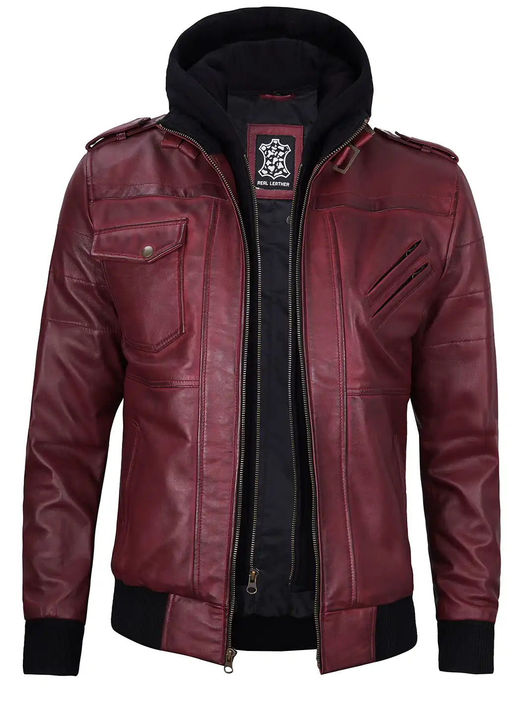 Maroon hooded leather jacket