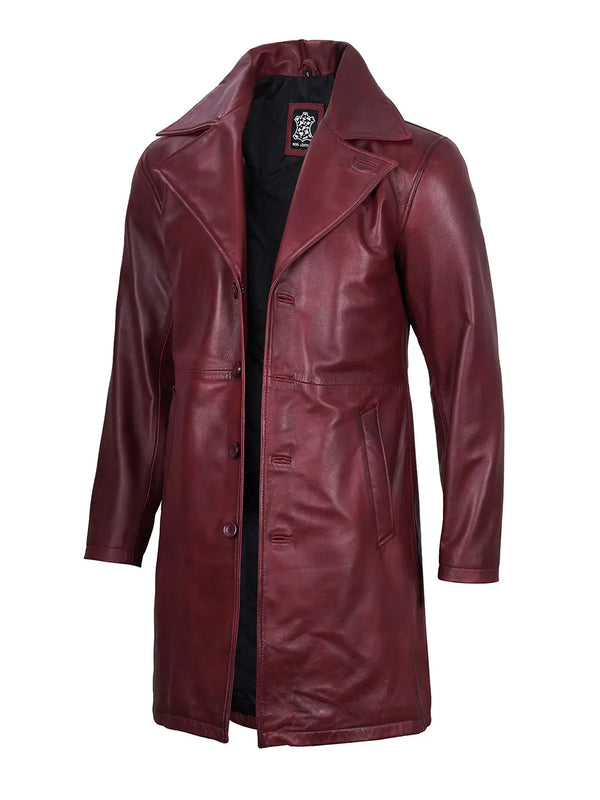 Maroon leather car coat