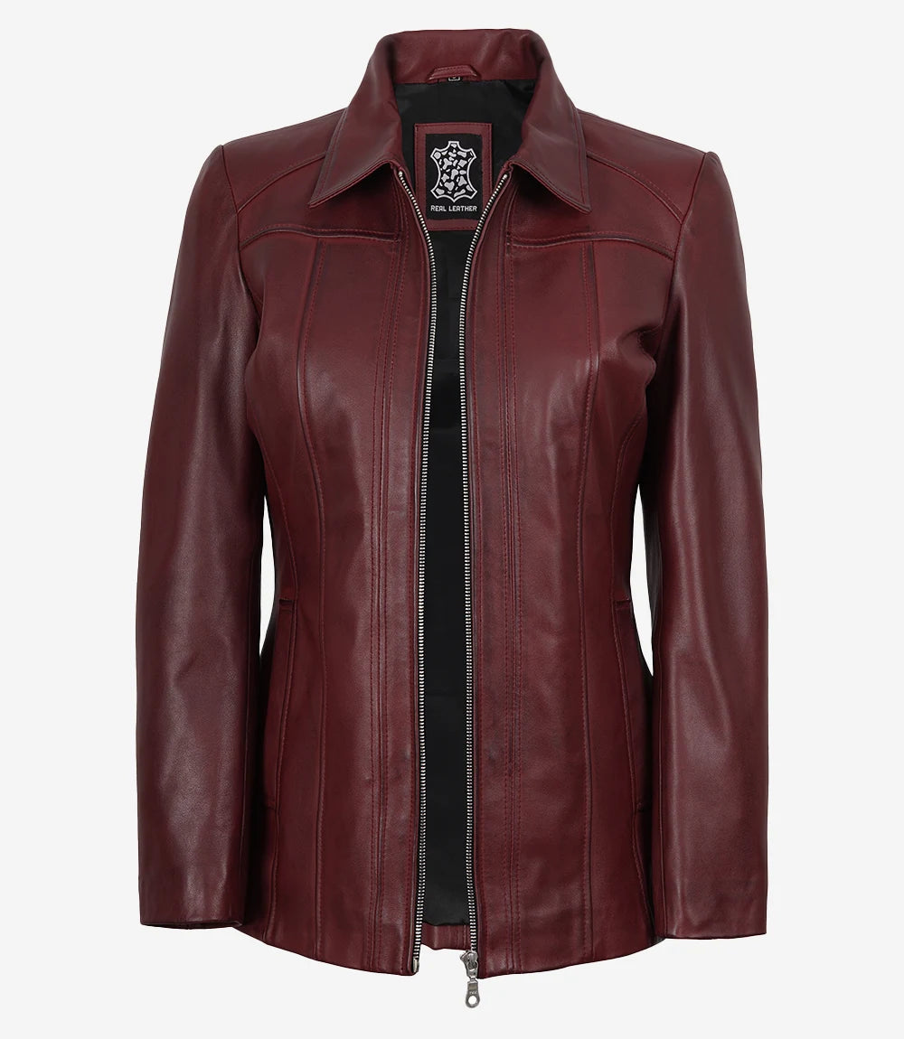 Marsha Women's Burgundy Real Leather Car Coat
