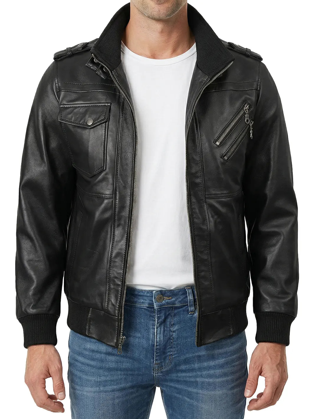 Men's Black Bomber Leather Jacket with Removable Hood – Decrum
