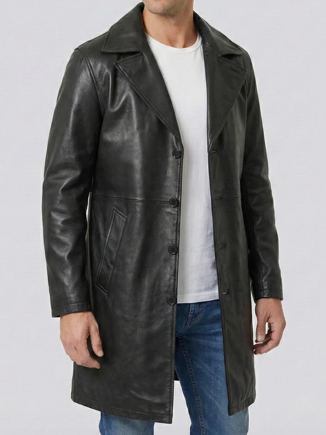 90s real leather car coat レザージャケット ブラック Mens Leather Car Coat Black - Real Lambskin Leather 3/4 Length at