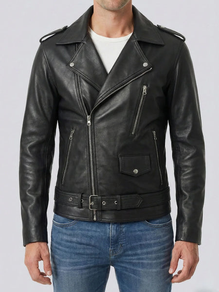 ジャケット・アウター Common divisor black leather jacket Men_s_Black_Asymmetrical_Belte