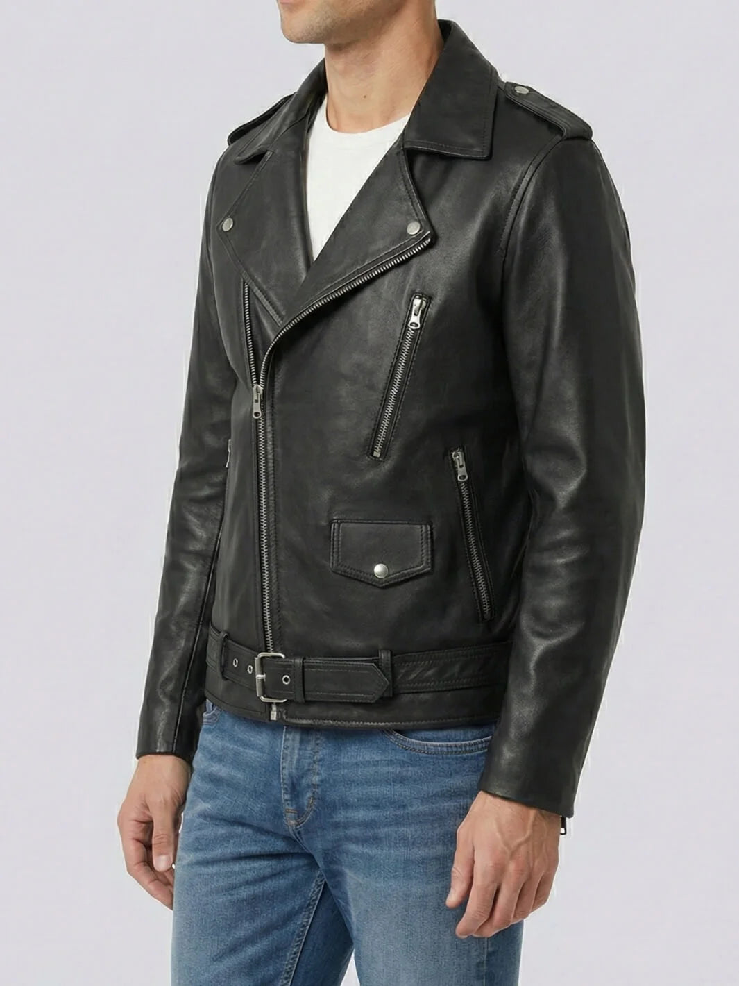 Men's Black Lambskin Asymmetrical Biker Jacket — Belted – Decrum